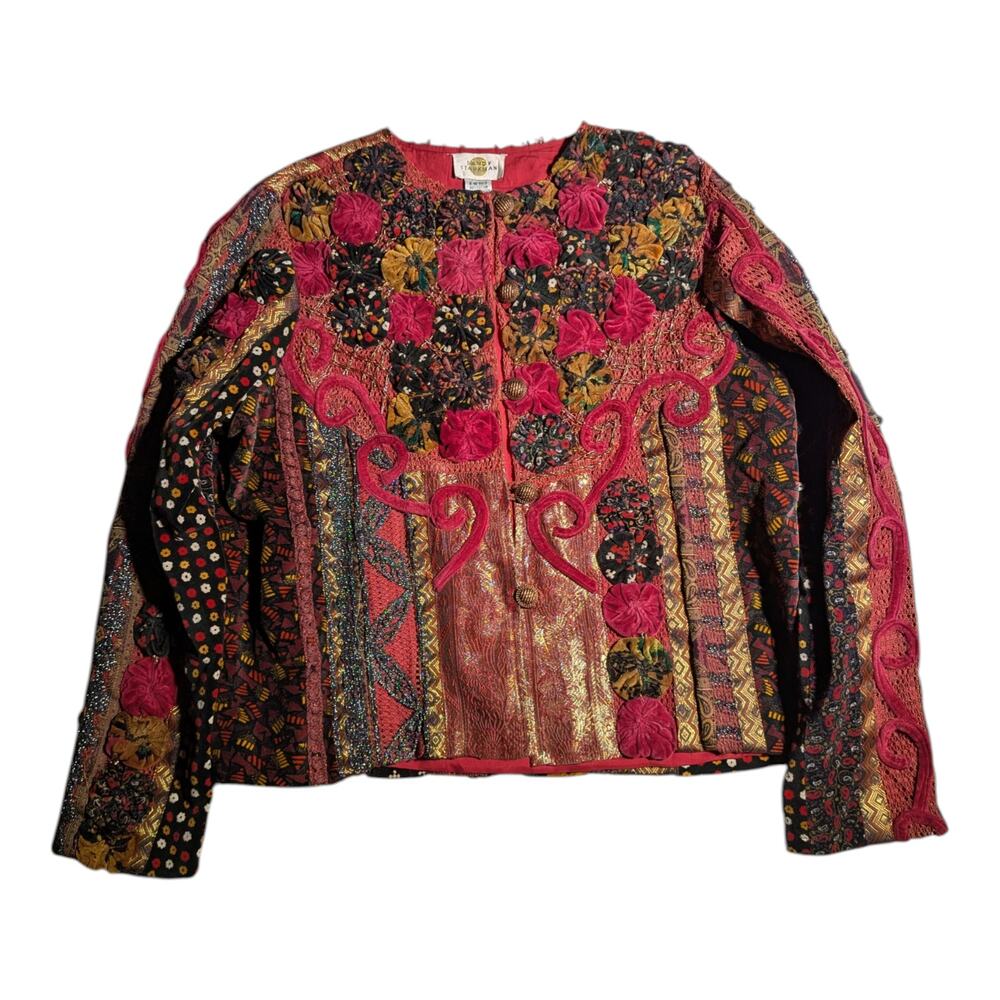 Vtg Y2K Sandy Starkman Red Black Patchwork Floral Velvet Button Up Jacket Sz L